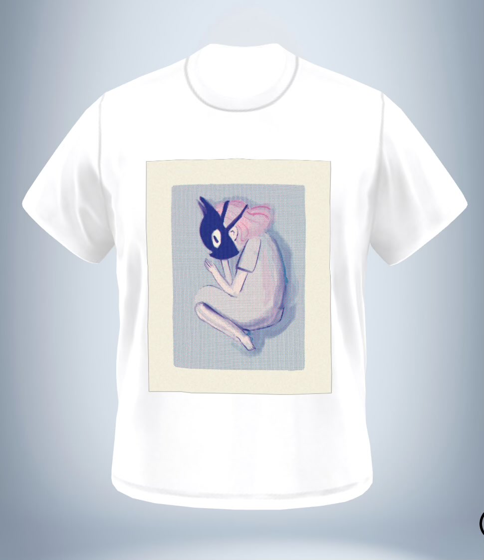 Risograph filter result of a seated figure printed on a white T-shirt