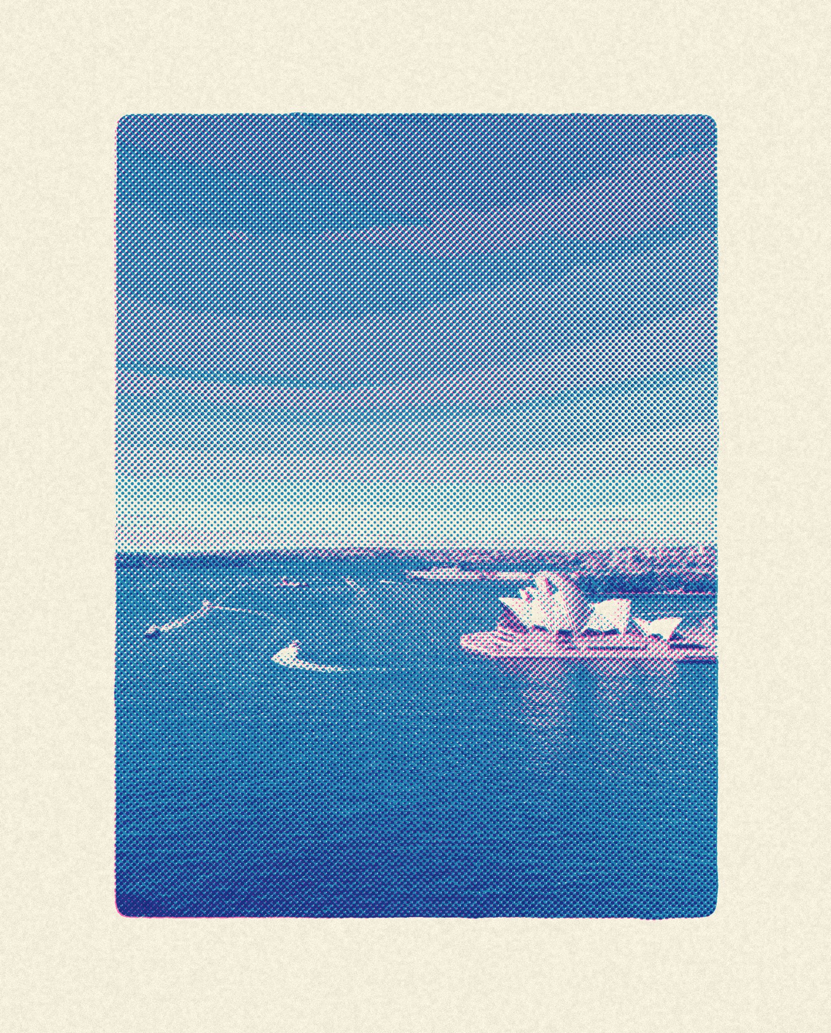 Blue and pink risograph photo filter result of a boat at sea
