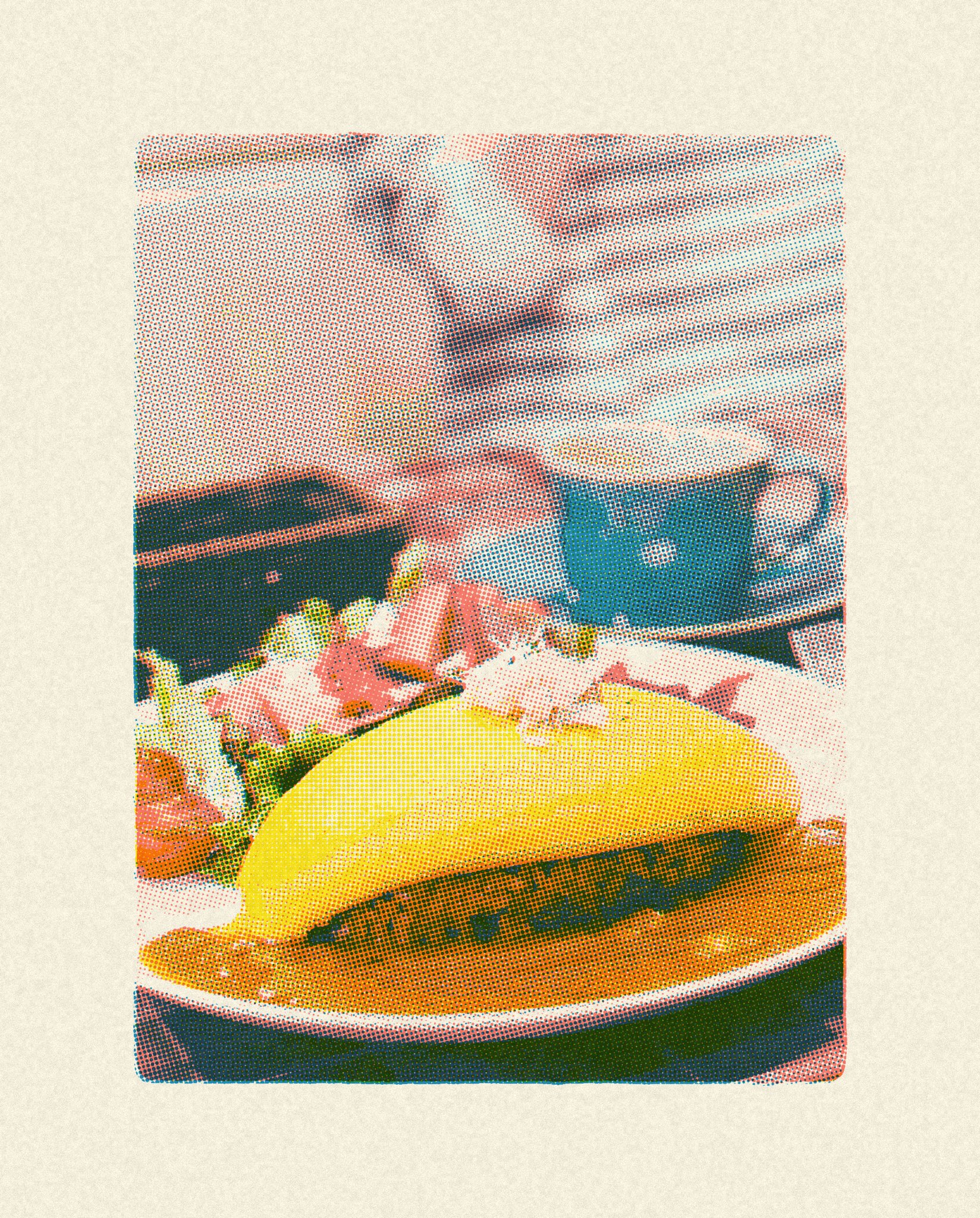 Yellow and teal risograph filter photo of a taco on a table