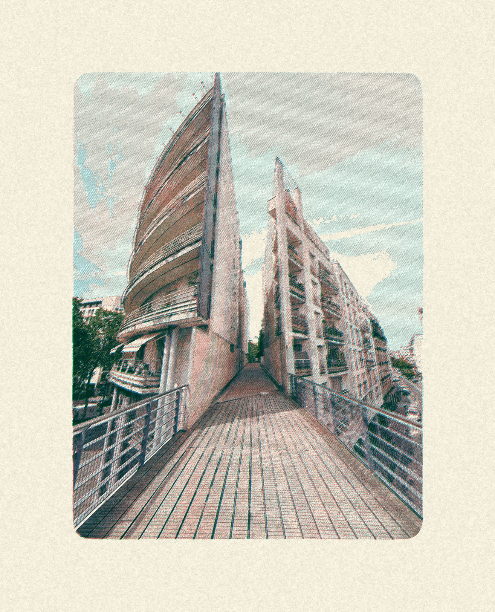 Pastel risograph photo effect of a modern building and walkway