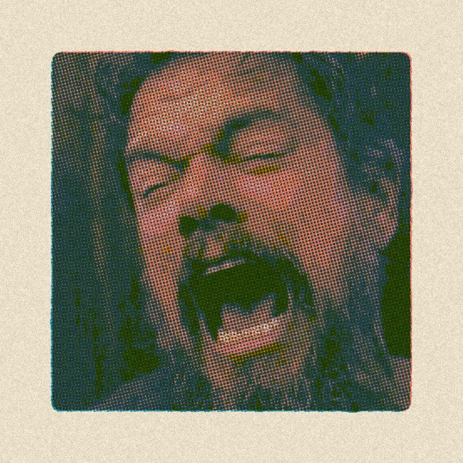 Dark green and orange halftone portrait of a singer