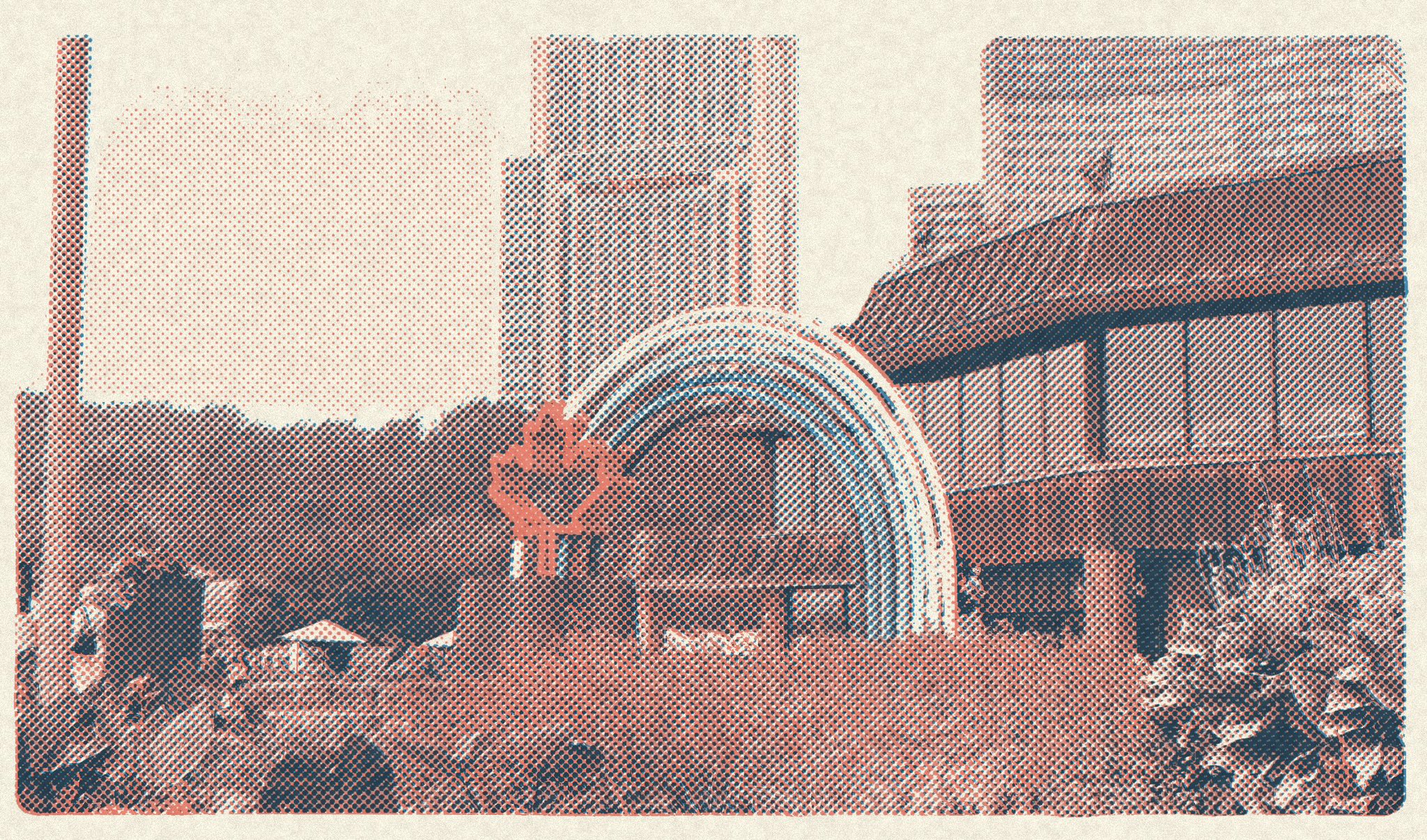 Coral and blue risograph filter photo of a rainbow outside a station