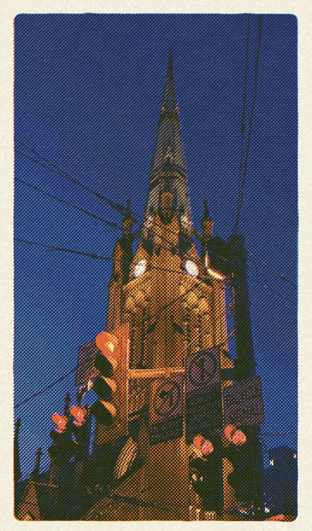 Nighttime risograph photo filter result of a lit clock tower