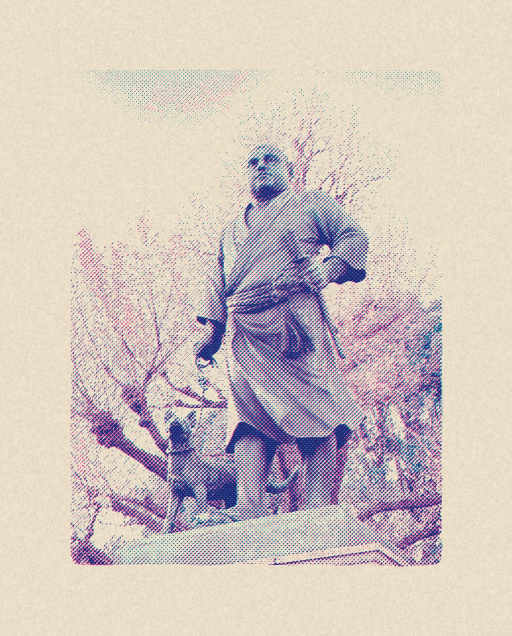 Blue and pink halftone photo of a statue among spring blossoms