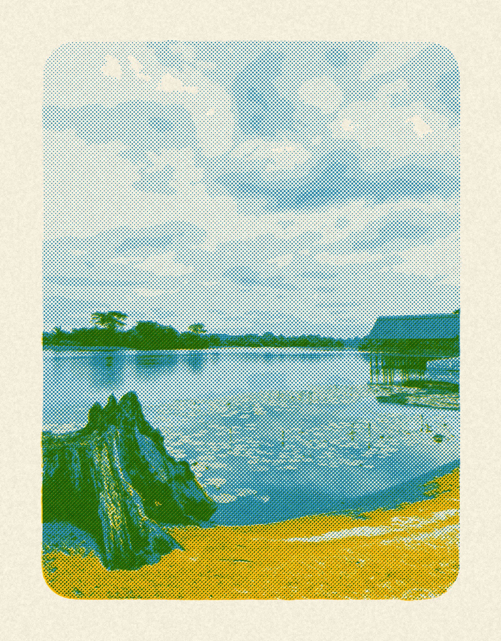 Blue and green risograph photo effect of a quiet shoreline