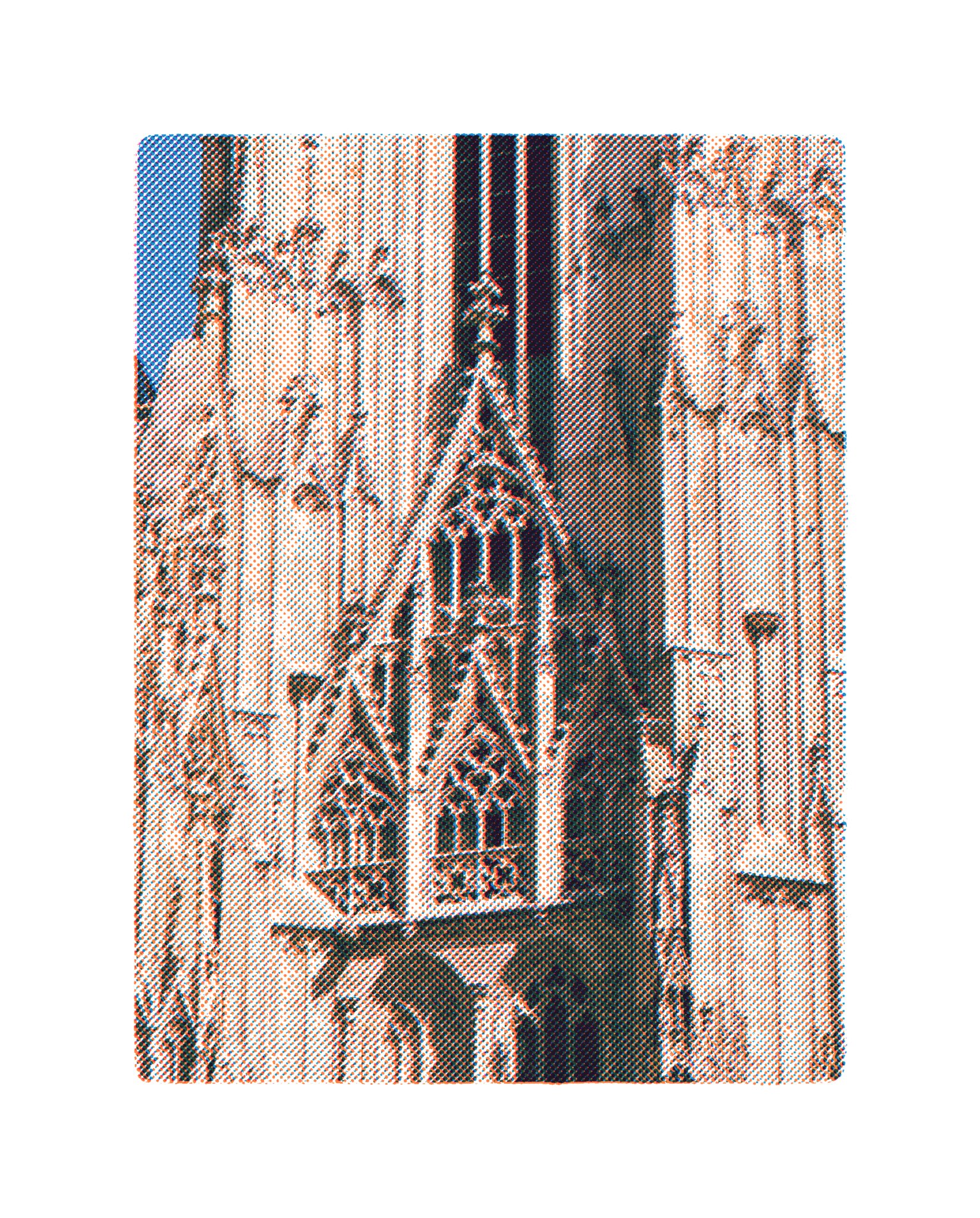 Blue and coral risograph filter study of cathedral stonework