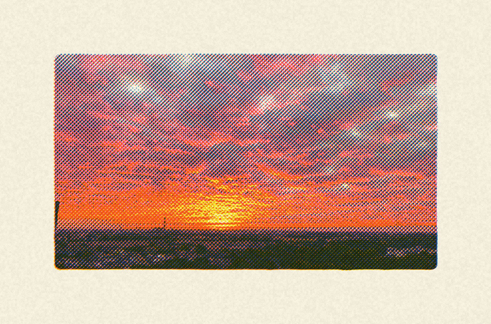 Orange and blue halftone landscape of a sunset over the horizon